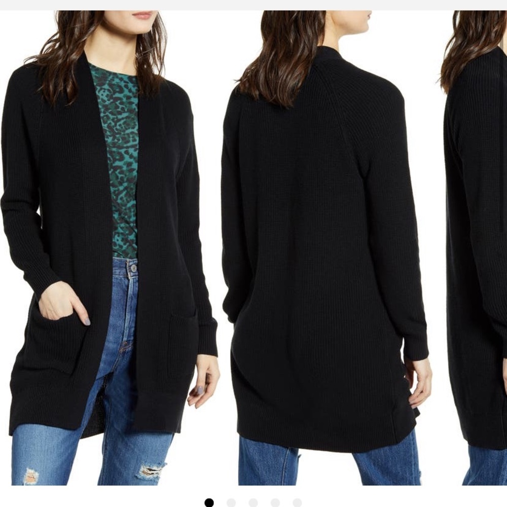 Black cardigan, w/pockets, SZ XS, knee-length